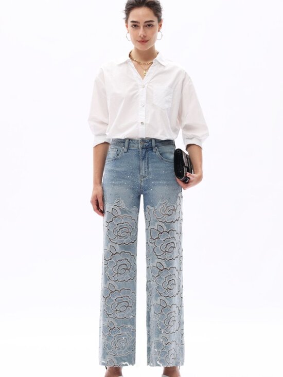 Velvet Cut Out Rhinestone High Rise Wide Leg Jeans - Picture 4 of 9